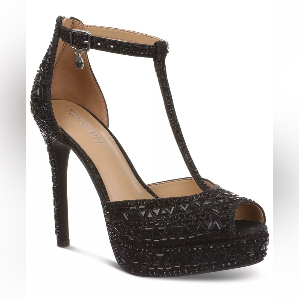 Thalia Sofi Chacey Embellished T-strap Platform Pump Heel Women Sz 11 black gold